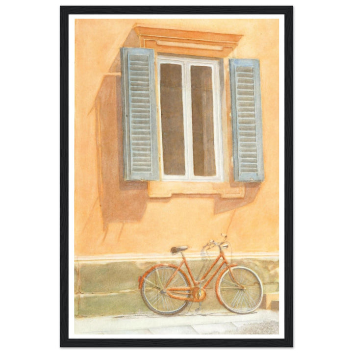 "Midday Break" Charming Bicycle Against Wall in Italy Warm Watercolor by Veronique Semple - Watercolor wall art print