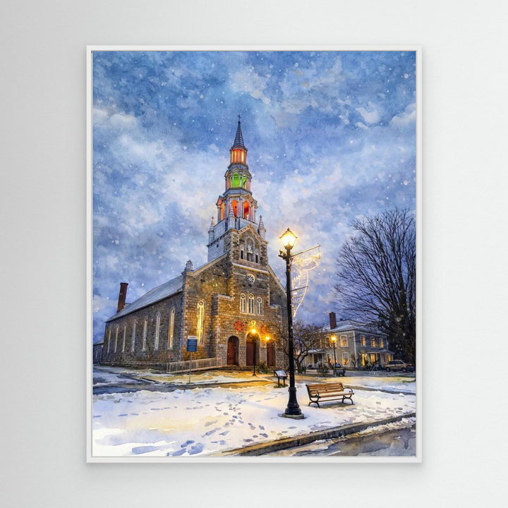 Festive Church in Winter's Embrace - Canvas Framed Options