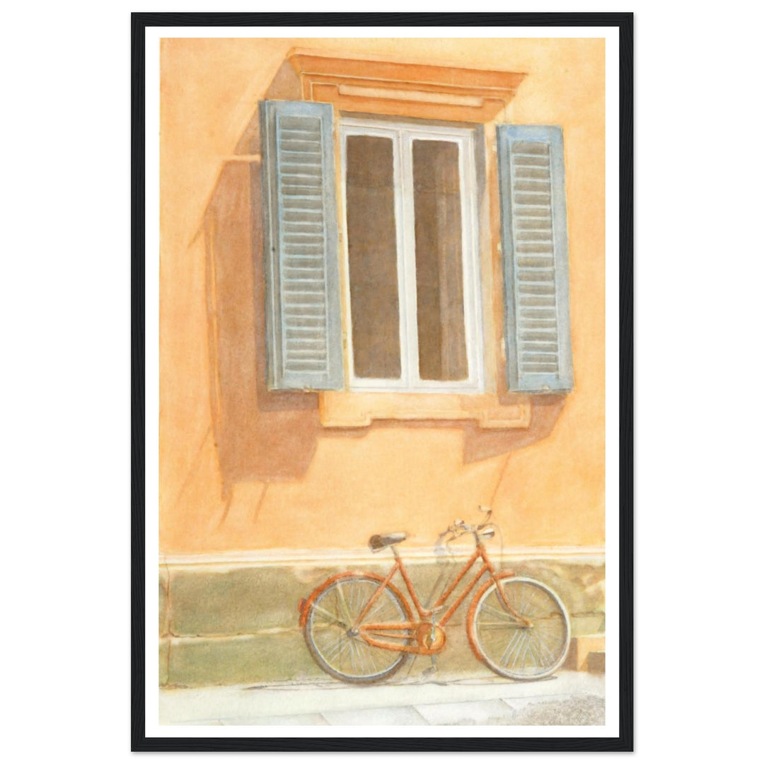 "Midday Break" Charming Bicycle Against Wall in Italy Warm Watercolor by Veronique Semple - Watercolor wall art print