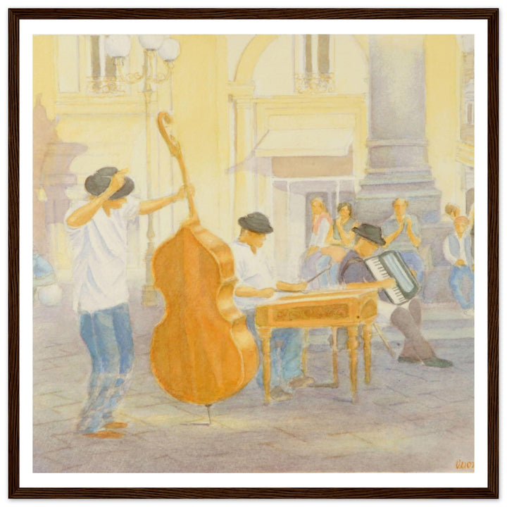 "Under the Column of Abundance" Vibrant Street Performance Watercolor by Veronique Semple - Watercolor wall art print