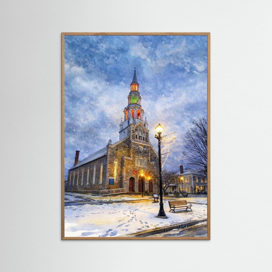 Festive Church in Winter's Embrace - Fine Art Print Framed Options