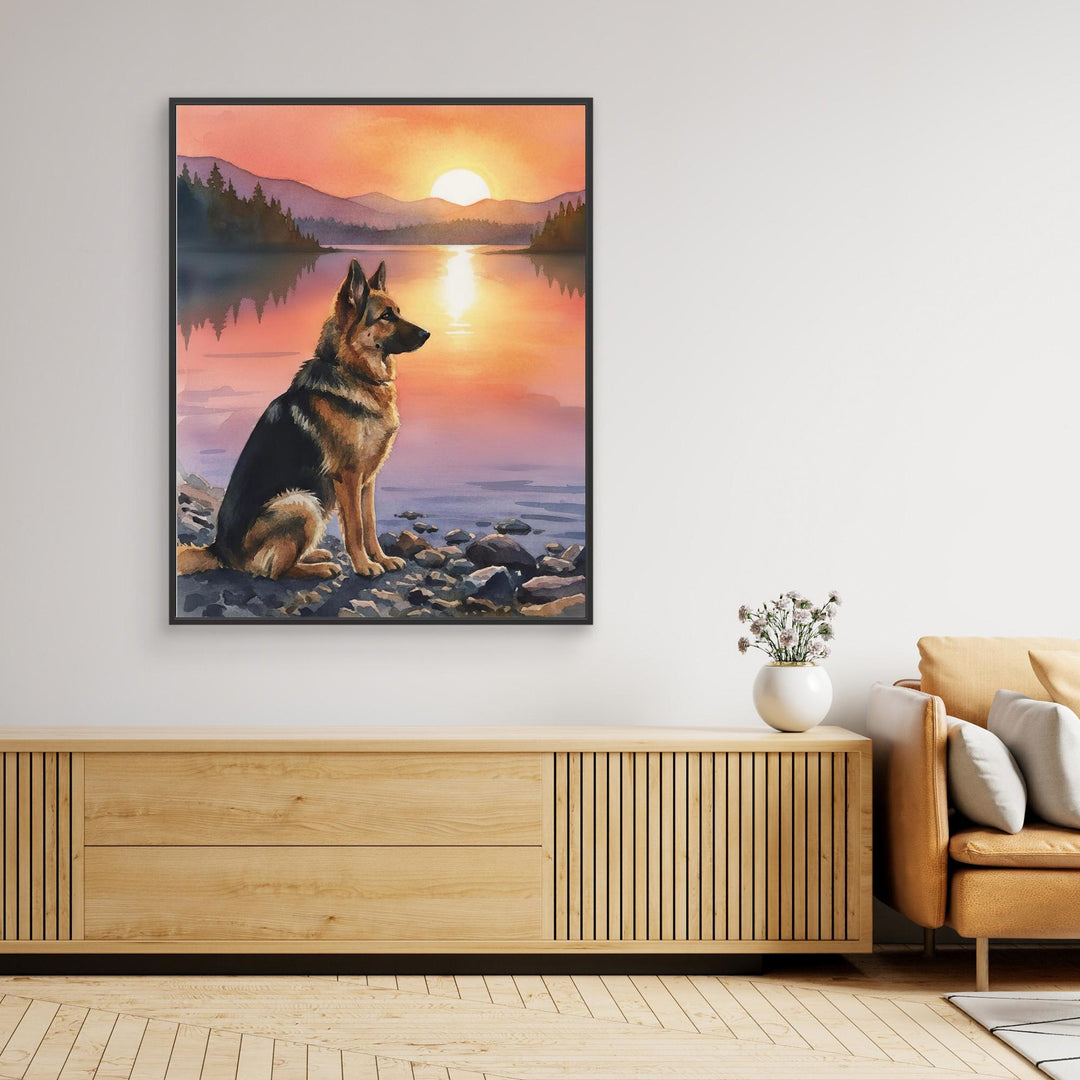 "Guardian of the Lake" German Shepherd Sunset Art Print - Canvas Framed Options