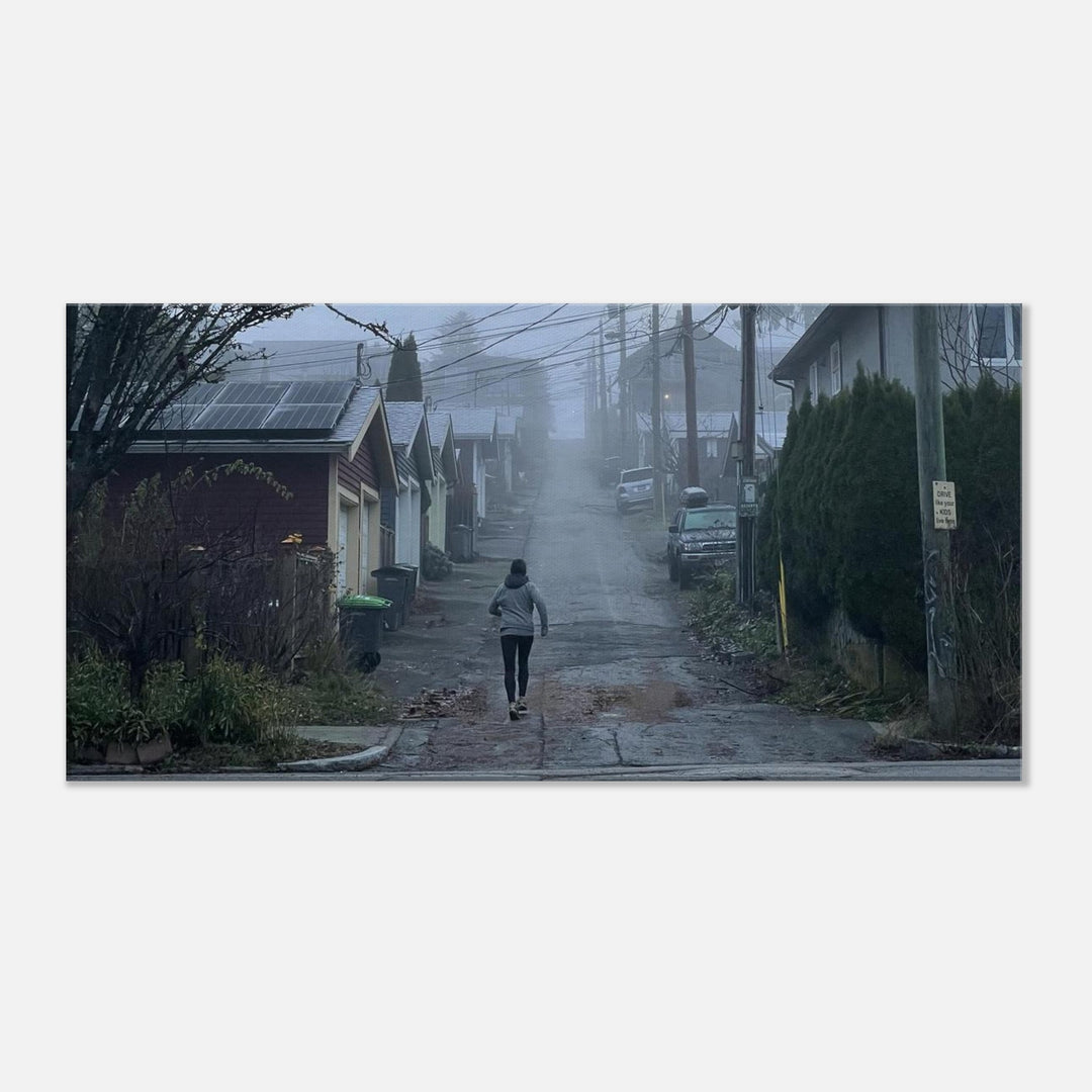Misty Morning Run  through Vancouver Streetscape wrapped canvas art print by Andrew Semple - Bromont Media