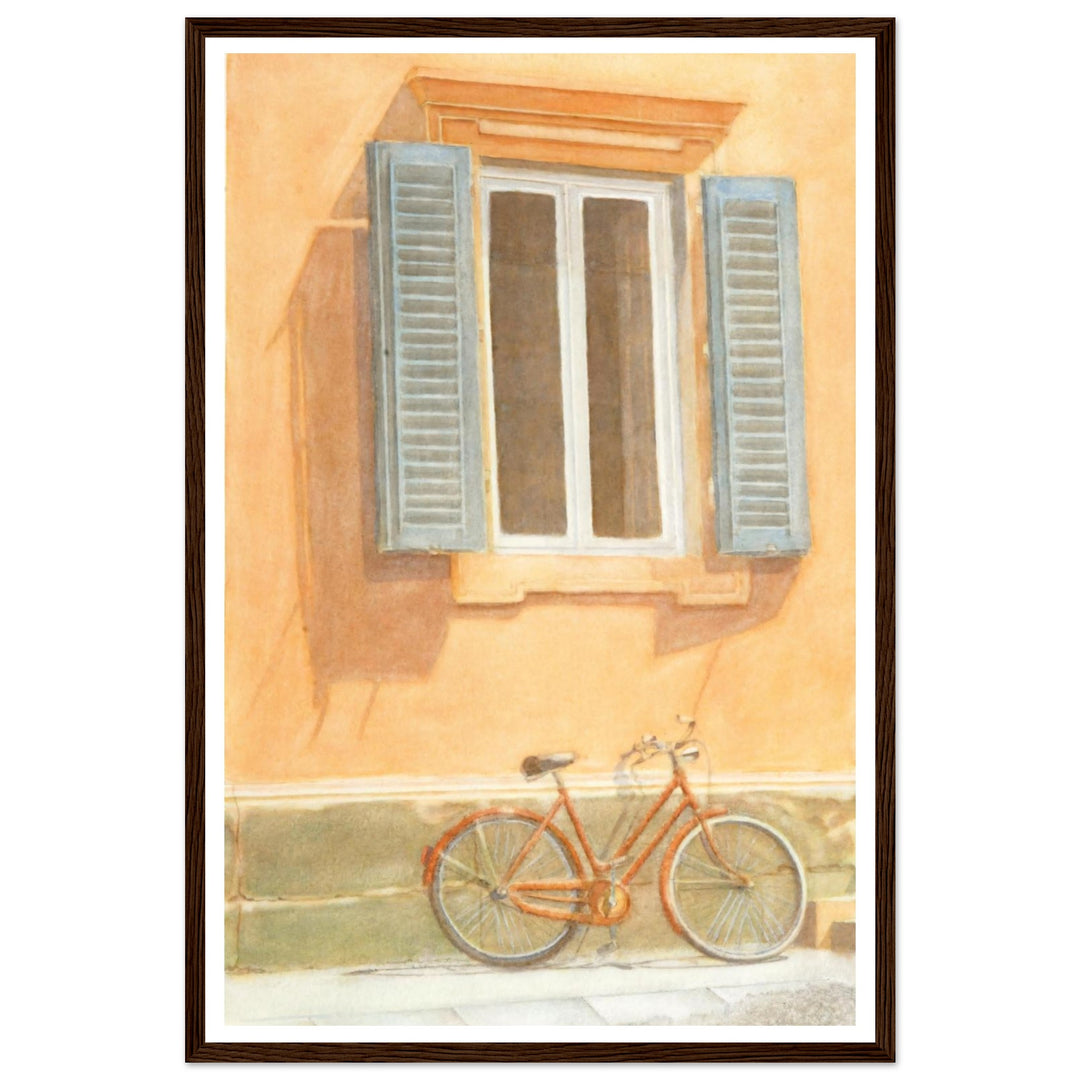 "Midday Break" Charming Bicycle Against Wall in Italy Warm Watercolor by Veronique Semple - Watercolor wall art print