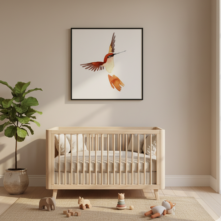 Nursery room with wooden crib, toys, and a framed painting of a hummingbird on the wall - by Andrew Semple on Bromont Media