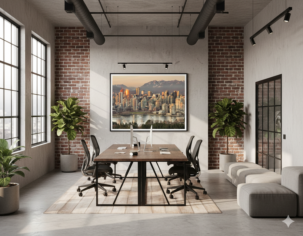 Modern office space with a large desk, chairs, and a cityscape artwork on the wall - by Andrew Semple on Bromont Media