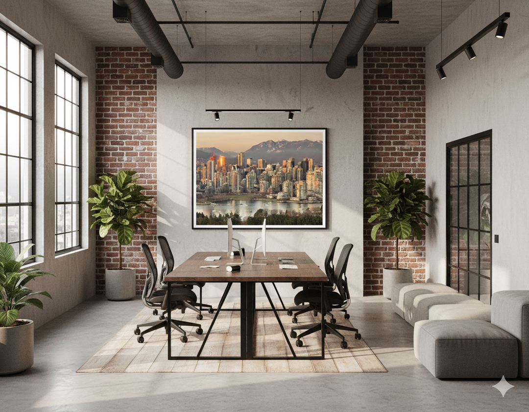 Modern office space with a large desk, chairs, and a cityscape artwork on the wall - by Andrew Semple on Bromont Media