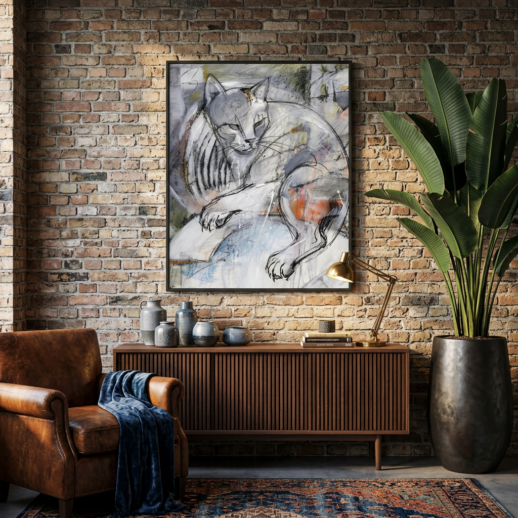 Modern Expressionist Grey Cat Sketch Wall Art Print - Canvas Framed Options