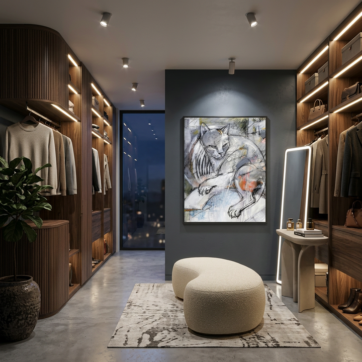 Modern Expressionist Grey Cat Sketch Wall Art Print - Canvas Framed Options