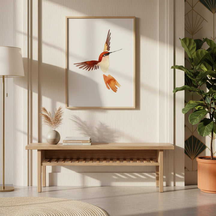 Hallway with a wooden bench, plant, and framed artwork of a bird in a bright room - by Andrew Semple on Bromont Media