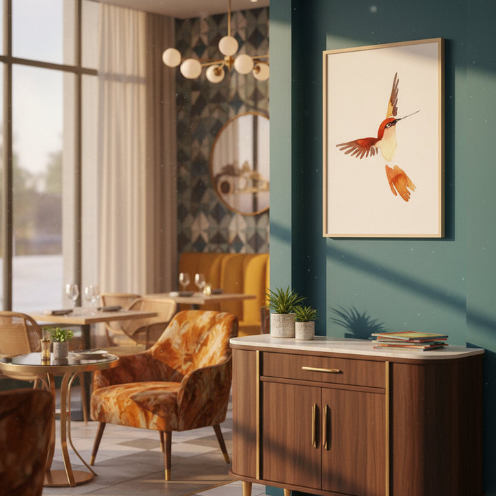 Retro restaurant interior with wooden furniture, a painting of a bird, and large windows - by Andrew Semple on Bromont Media