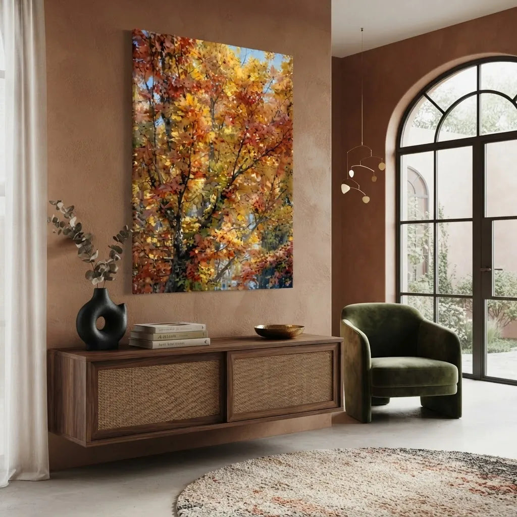 A vertical canvas wall art print depicting a tree with vibrant autumn foliage in shades of orange, yellow, and red, displayed in a modern living room setting above a wooden console table.