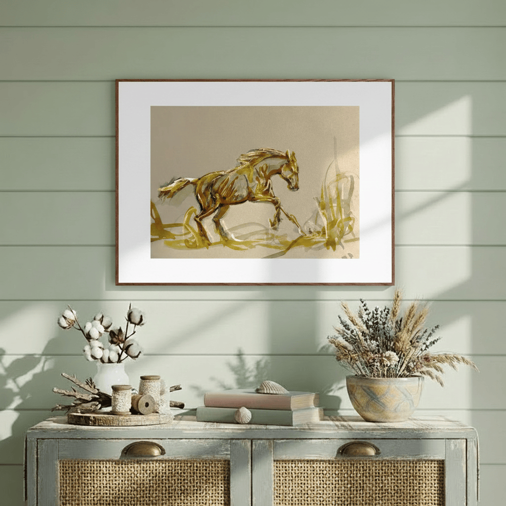 Framed artwork of a horse on a wall above a console table with decorative items - Bromont Media