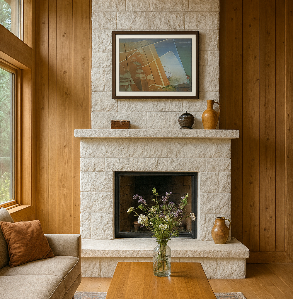Living room with stone fireplace, framed artwork, and decorative items.