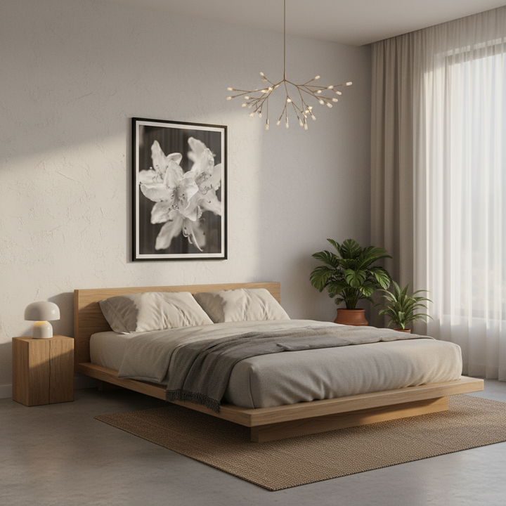 Modern bedroom with wooden bed, side table, and black and white floral photography - by Andrew Semple on Bromont Media