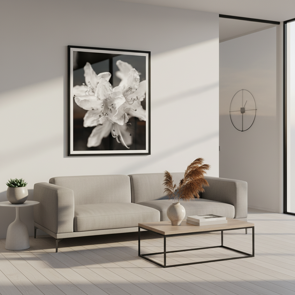 Modern office with a gray sofa, coffee table, and decorative elements including a black and white floral framed photograph - by Andrew Semple on Bromont Media

