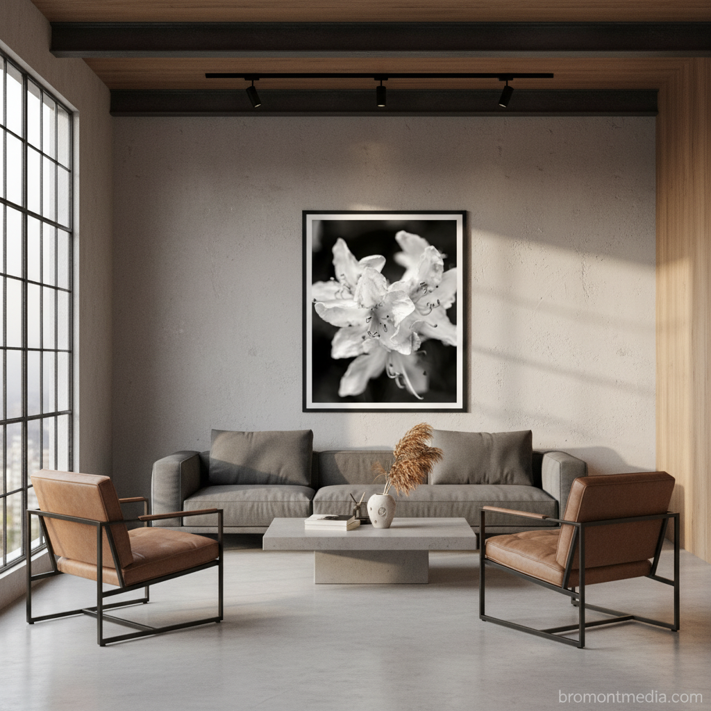 Modern office lobby with gray sofa, brown chairs, and a floral artwork on the wall - by Andrew Semple on Bromont Media