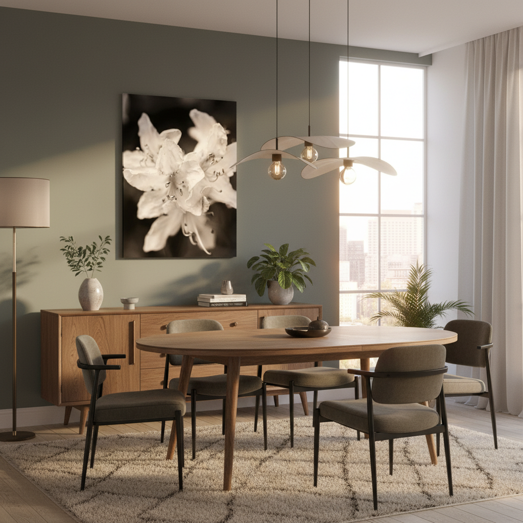 Modern dining room with wooden table and chairs, large window, and black and white floral artwork on the wall - by Andrew Semple on Bromont Media