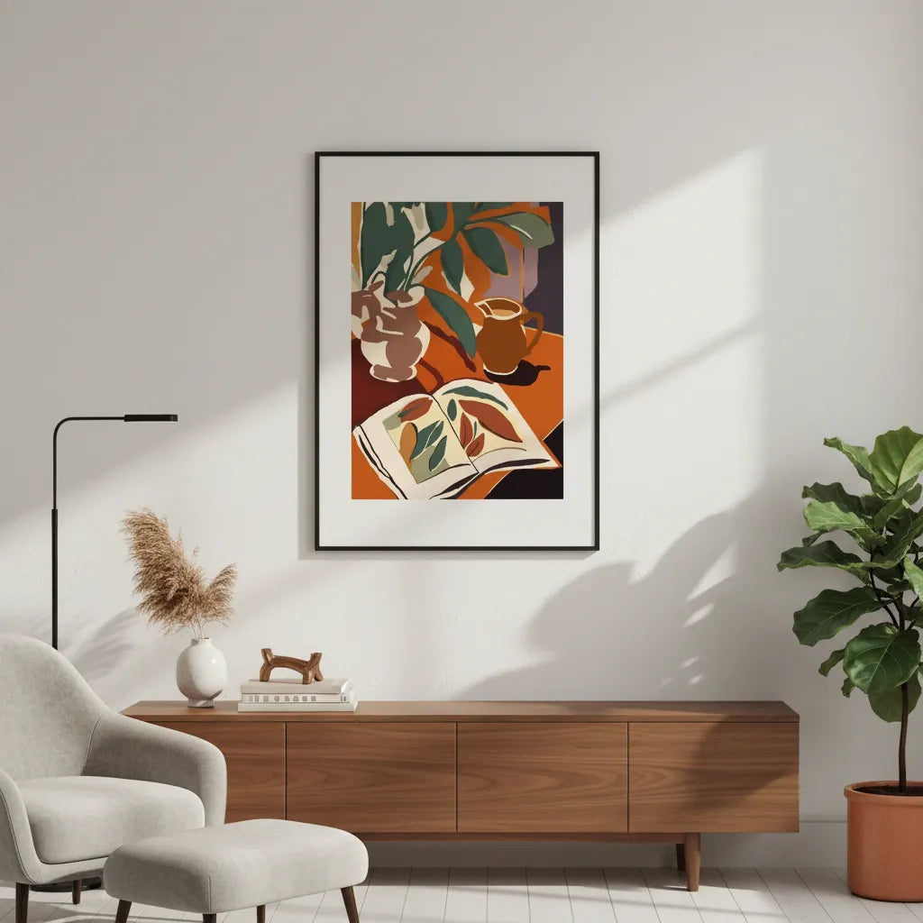 Living room with a wooden cabinet, armchair, and decorative items on a light gray wall.