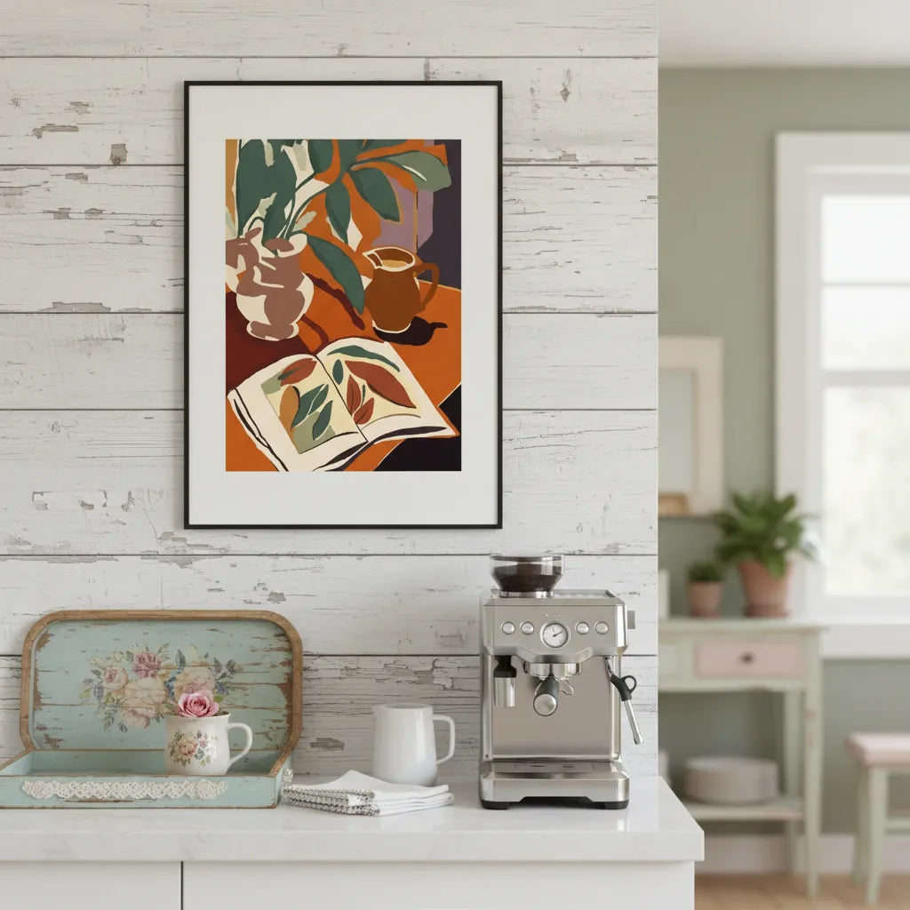 Decorative poster on a wall above a kitchen counter with a coffee machine - Bromont Media