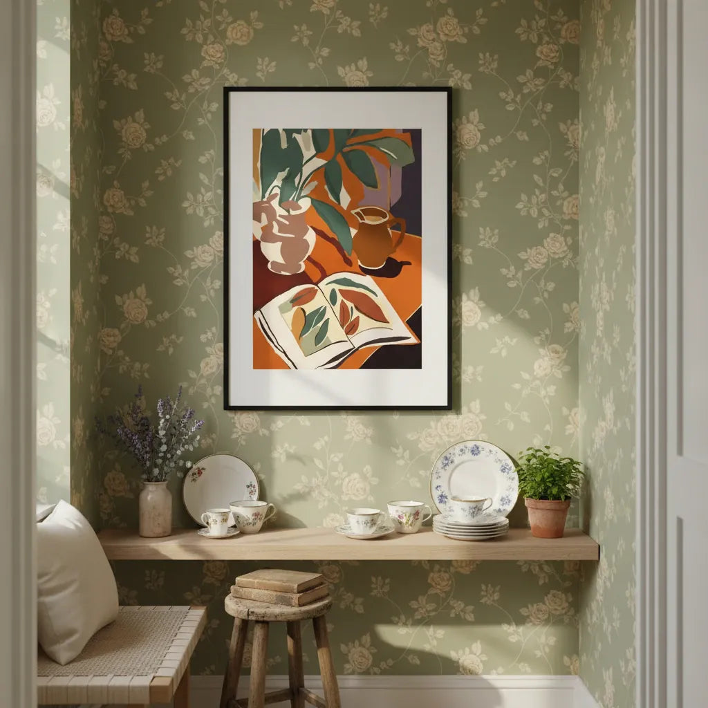 Framed artwork on a wall with floral wallpaper and decorative items below - Bromont Media