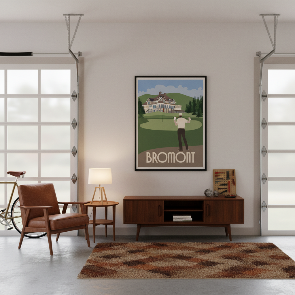 Refinished garage with glass doors, wooden armchair, fuzzy rug and golf-themed wall art - by Nancy Beliveau on Bromont Media