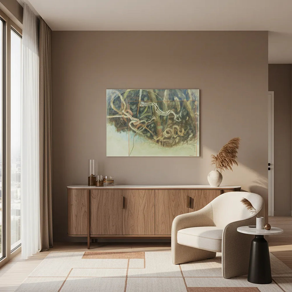 Modern living room with a wooden console, white armchair, and abstract painting on a beige wall.