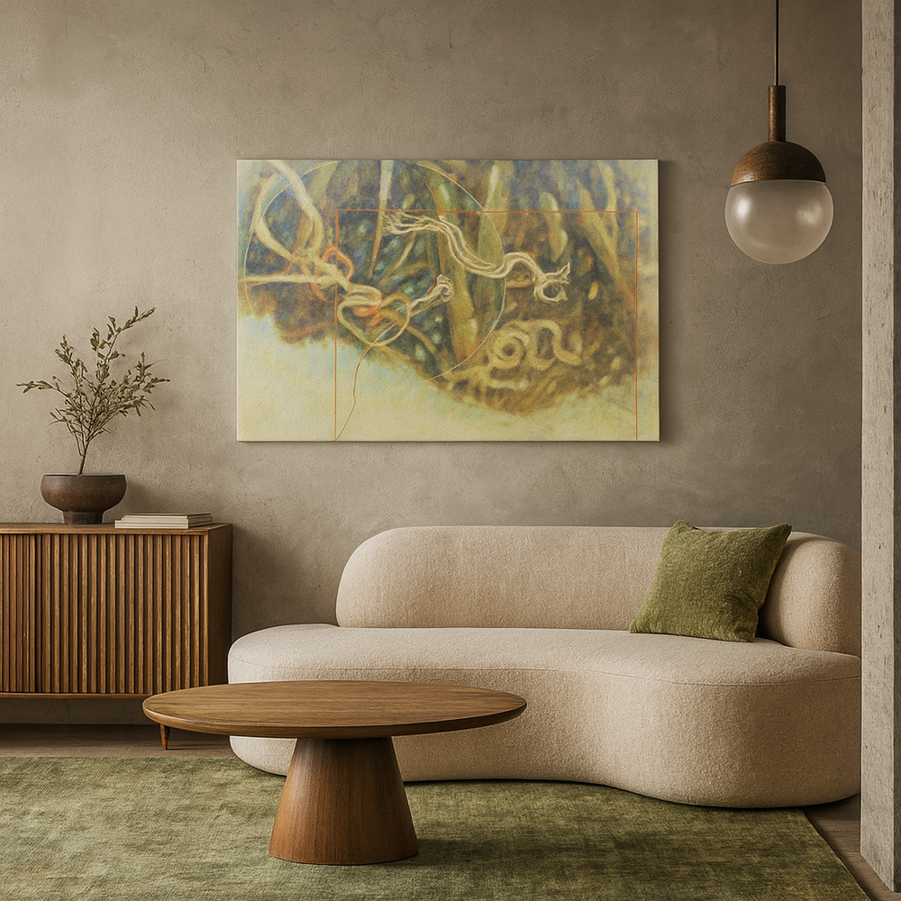 Modern eco chic sustainable living room with a beige sofa, wooden coffee table, and abstract painting on the wall.