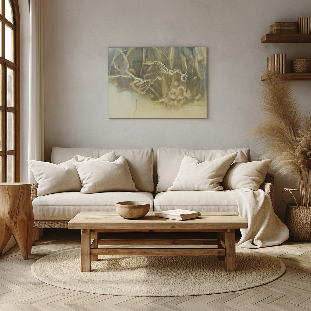 Cozy living room with a beige sofa, wooden coffee table, and abstract painting.