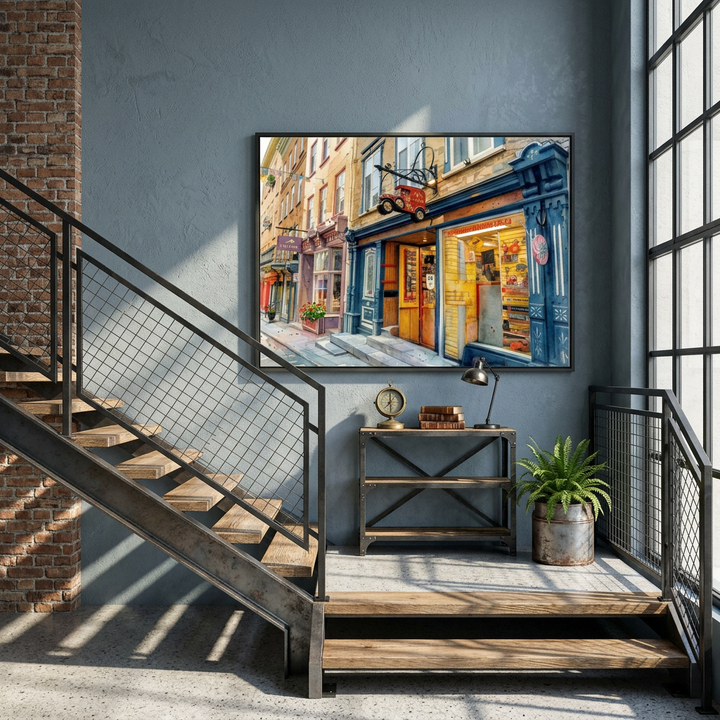 Modern interior with a staircase, wall art, and small table - Studio Shefford