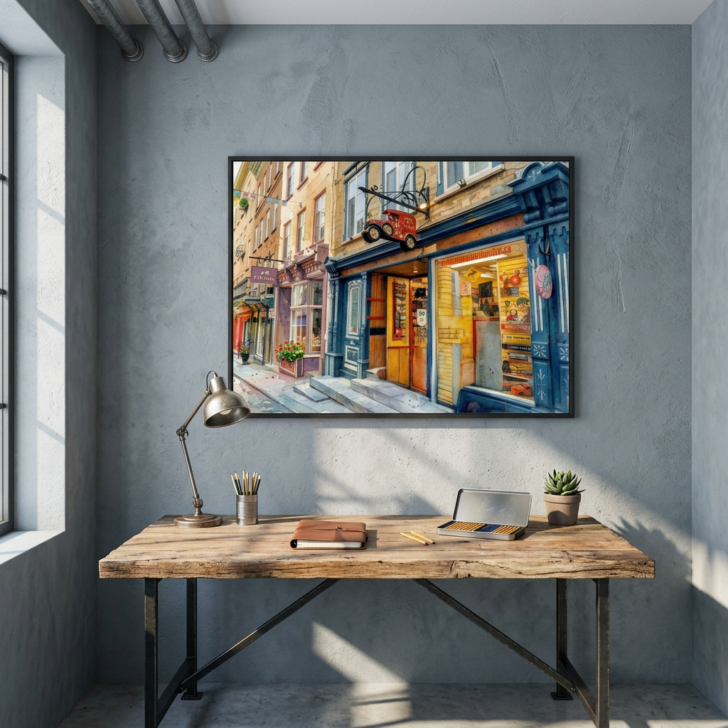 Modern office setup with a wooden desk, lamp, and framed cityscape painting on a gray wall - Studio Shefford