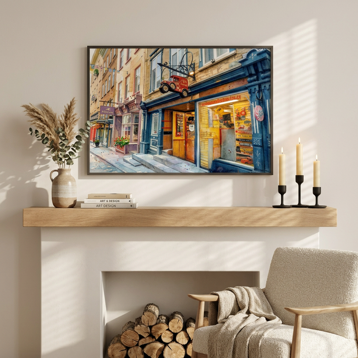 Cozy living room with a fireplace, mantel decor, and a painting on the wall - Studio Shefford