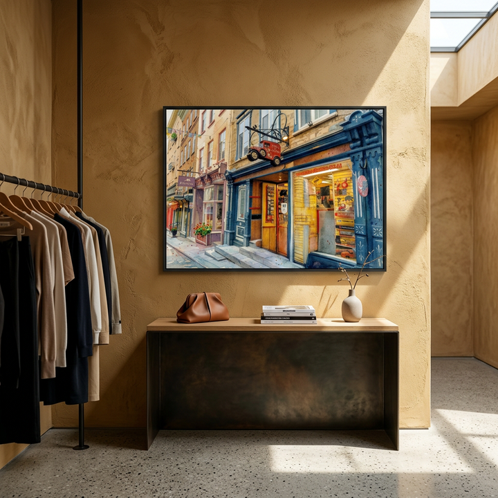 Modern interior with a painting of a street scene on a wall, a table with a bag and books, and a rack of clothes - Studio Shefford