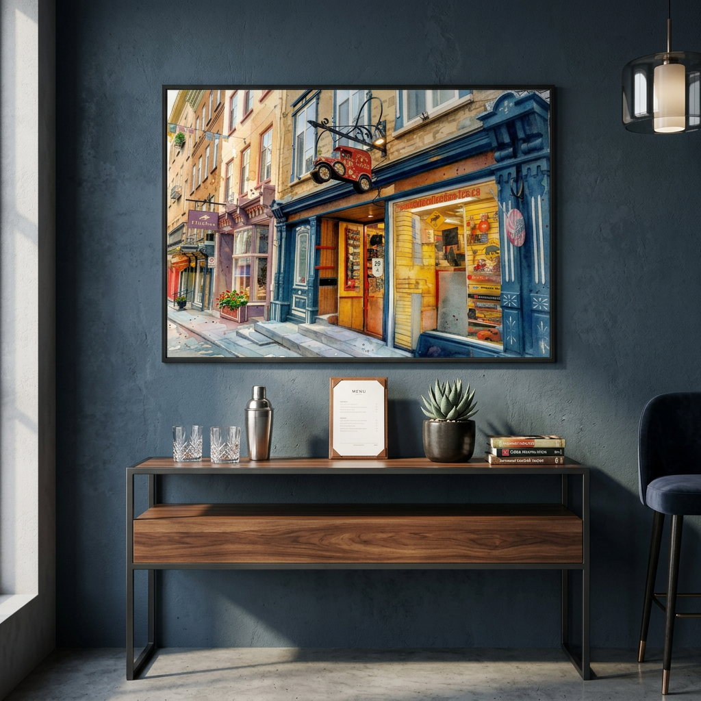 Framed artwork of a city street scene on a dark wall above a wooden console table - Studio Shefford