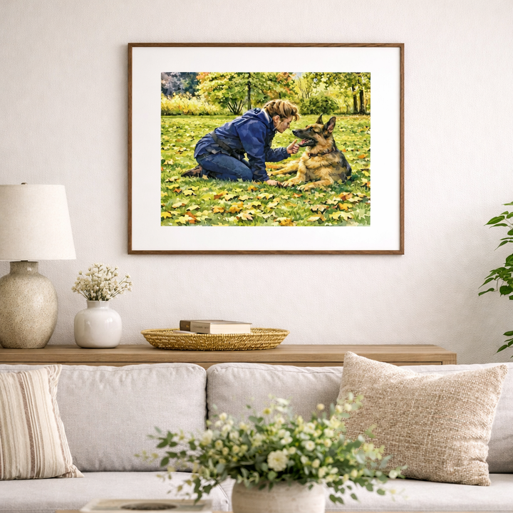 Framed art of a woman and dog in a park on a wall above a sofa - Studio Shefford
