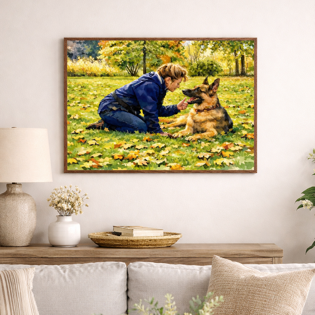 Autumn Moment with Beloved German Shepherd - Fine Art Framed Options