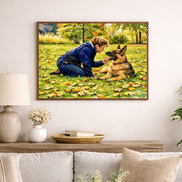 Autumn Moment with Beloved German Shepherd - Fine Art Framed Options
