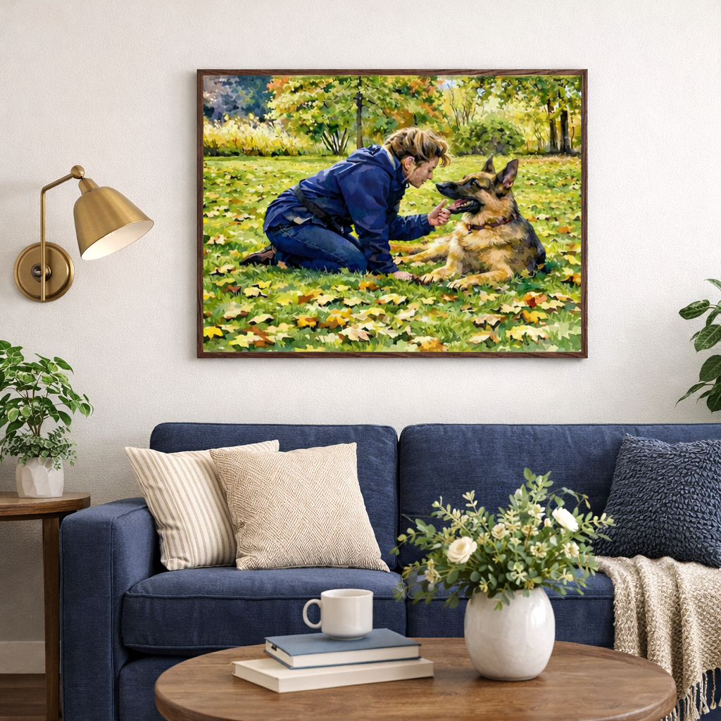 Living room with a blue sofa, coffee table, and wall art of a woman and dog in an outdoor setting.