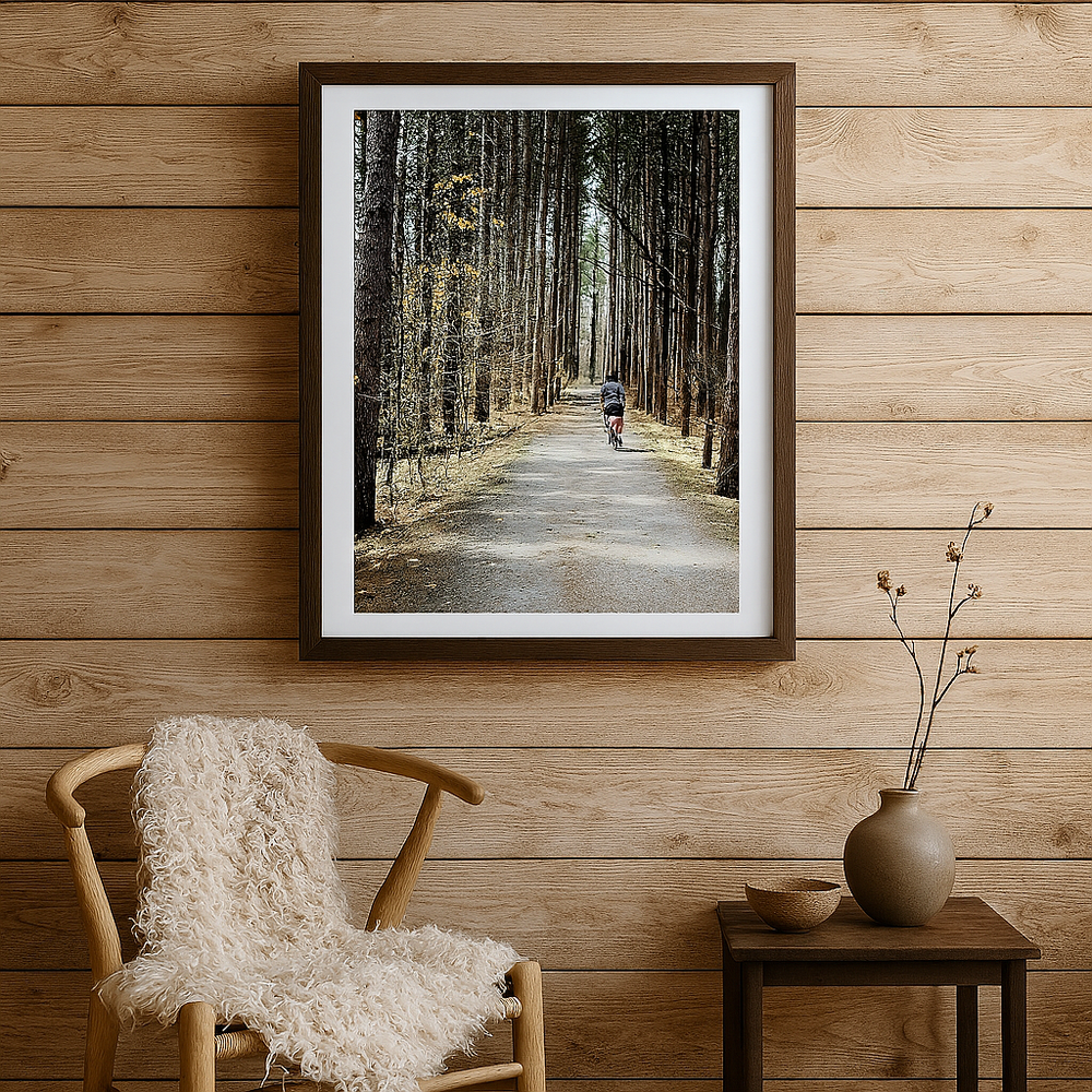 Framed print of a forest path on a wooden wall above a chair with a blanket.