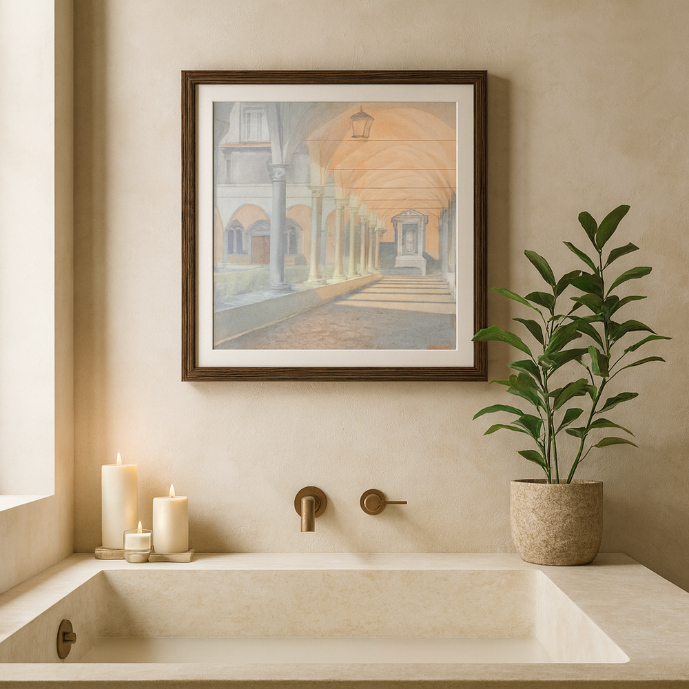 Zen bathroom interior with framed historic architecture artwork, candles, and a plant.
