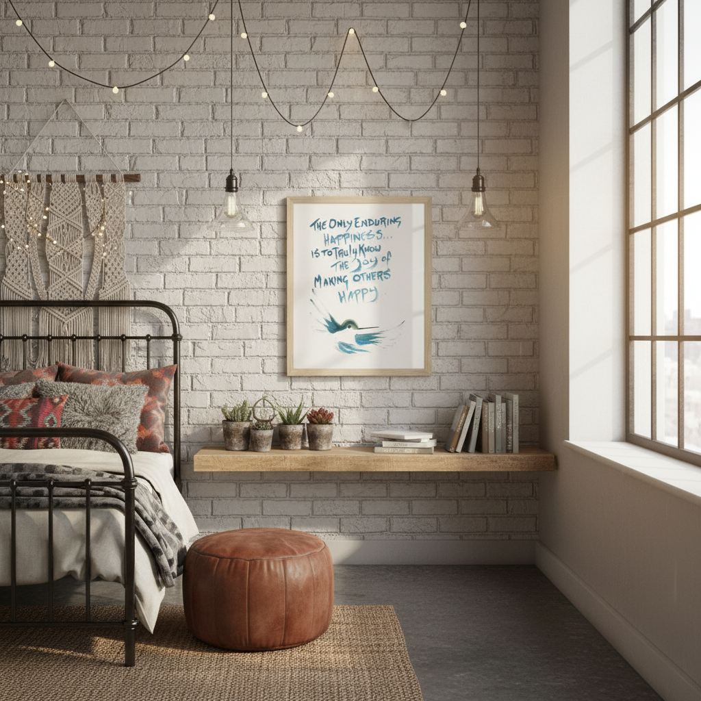 Cozy bedroom with brick wall, bed, and framed artwork of a hummingbird with inspirational quote - by Andrew Semple on Bromont Media