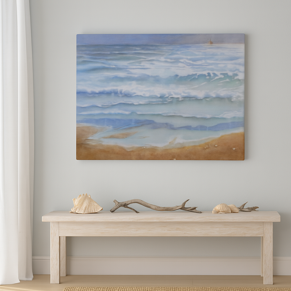 Serenity by the Shore: A Tranquil Watercolor Beachscape by Veronique Semple - Watercolor landscape print for home decor