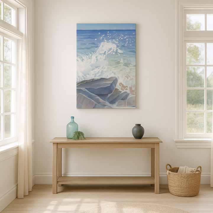 Room interior with a wooden bench, decorative bottles, and a painting of crashing waves on the wall.