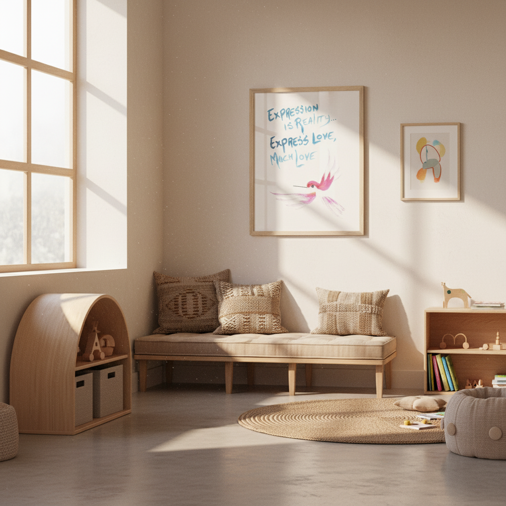Children's playroom with wooden furniture, cushions, and hummingbird wall art - by Andrew Semple on Bromont Media
