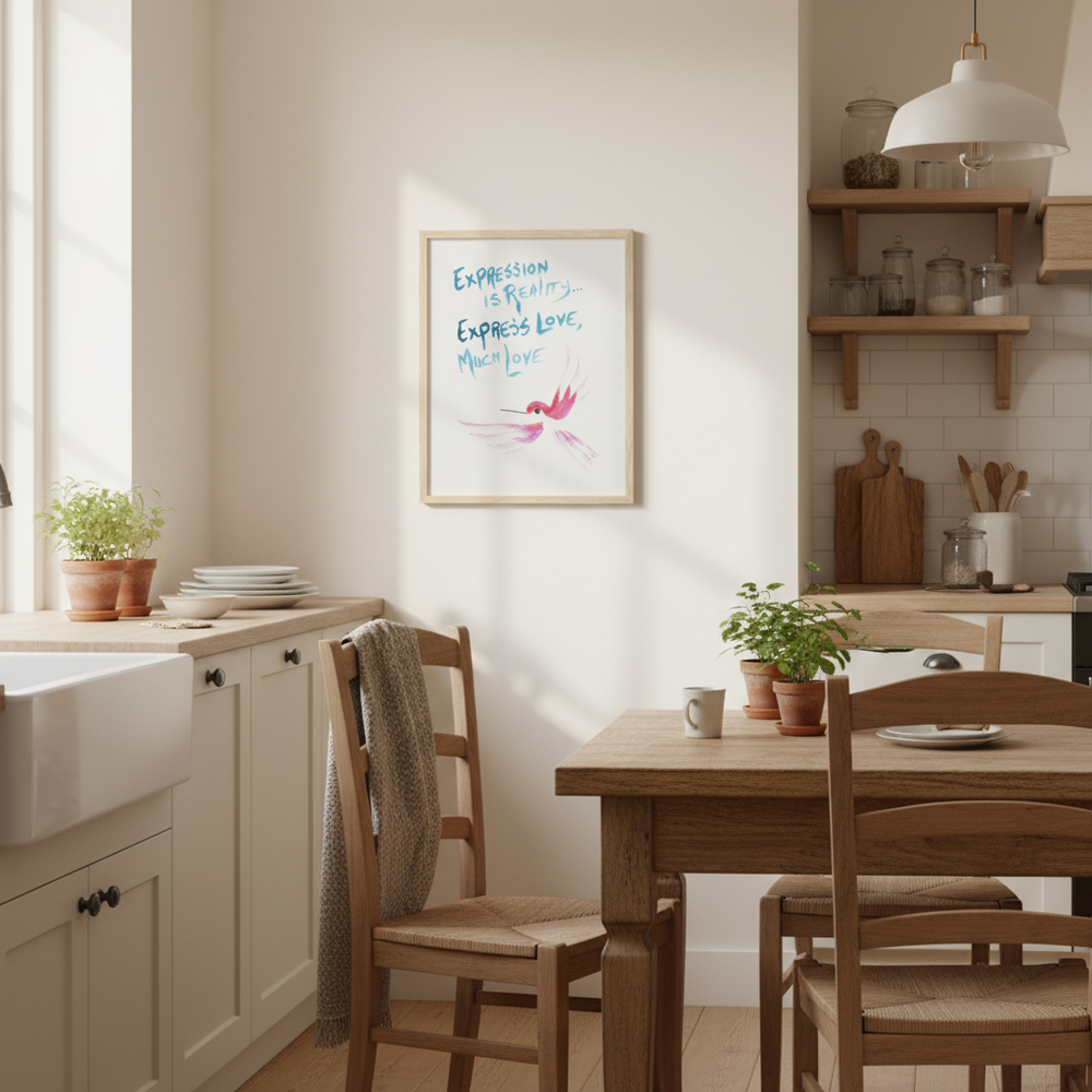 Kitchen with wooden table and chairs, kitchen counter, and framed hummingbird artwork on the wall - by Andrew Semple on Bromont Media