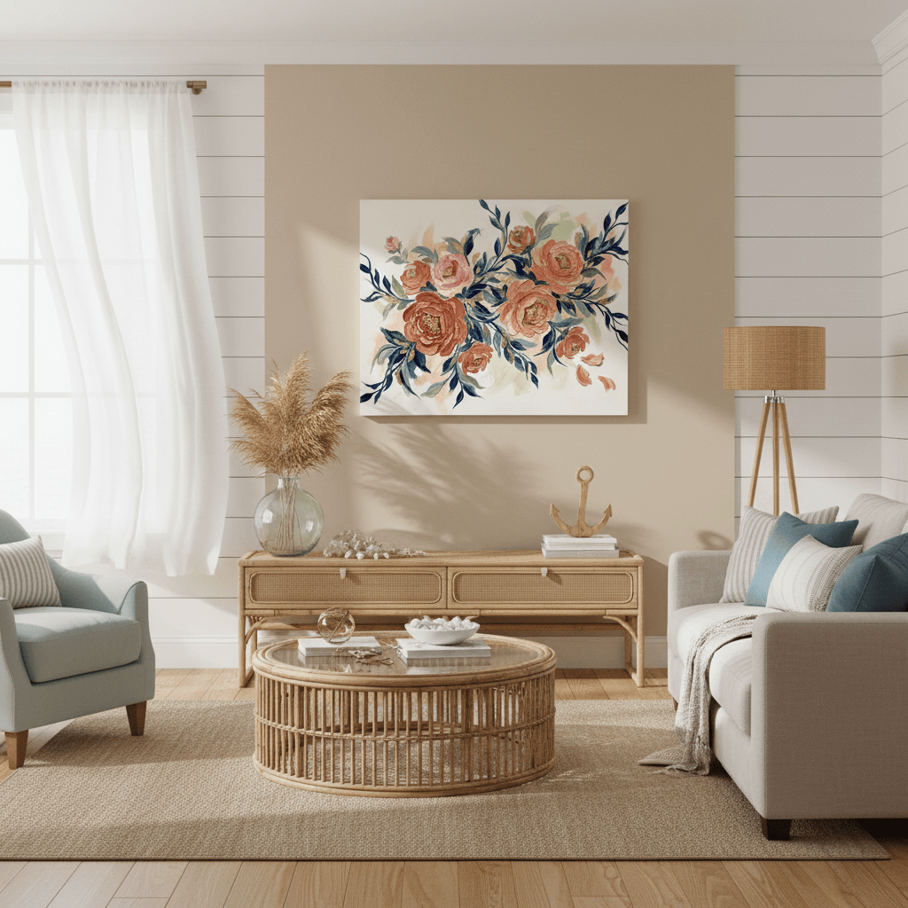 Living room with floral artwork on the wall, wooden coffee table, and beige sofa.