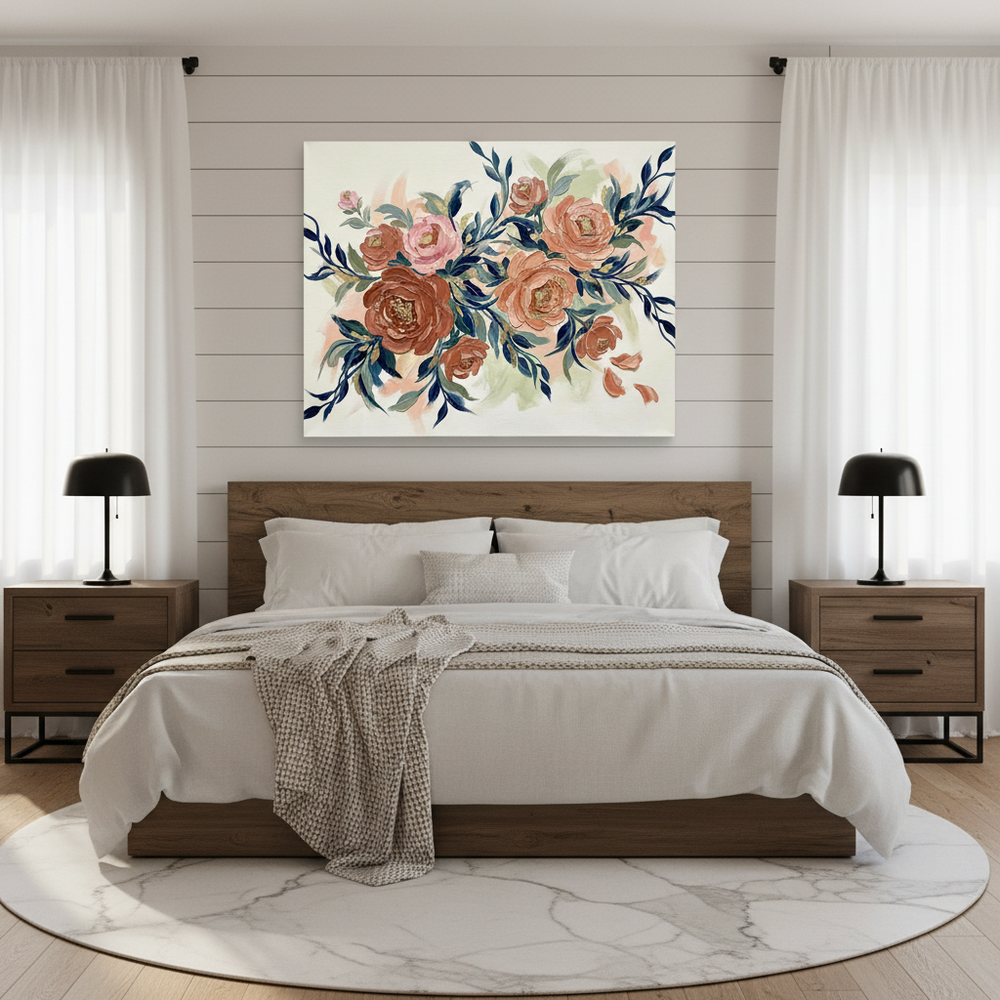 Bedroom with floral artwork above the bed, two nightstands with lamps, and a round marble rug - Studio Shefford