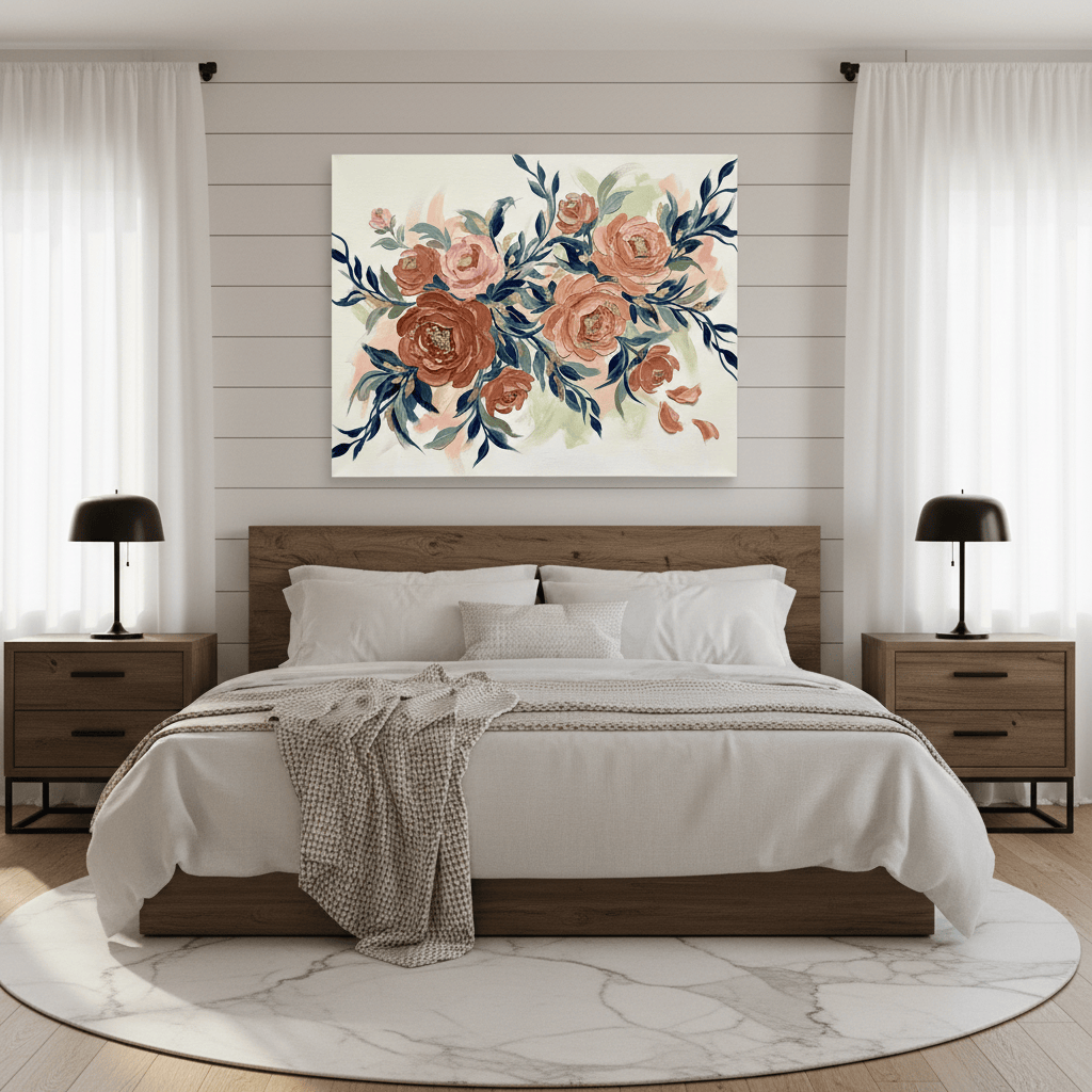 Bedroom with floral artwork above the bed, two nightstands with lamps, and a round marble rug - Studio Shefford