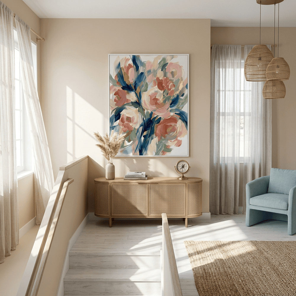 Modern living room with floral artwork by Studio Shefford, wooden console table, and light blue armchair.