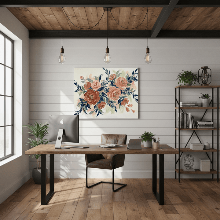 Modern home office with wooden desk, chair, and floral artwork on the wall - Studio Shefford